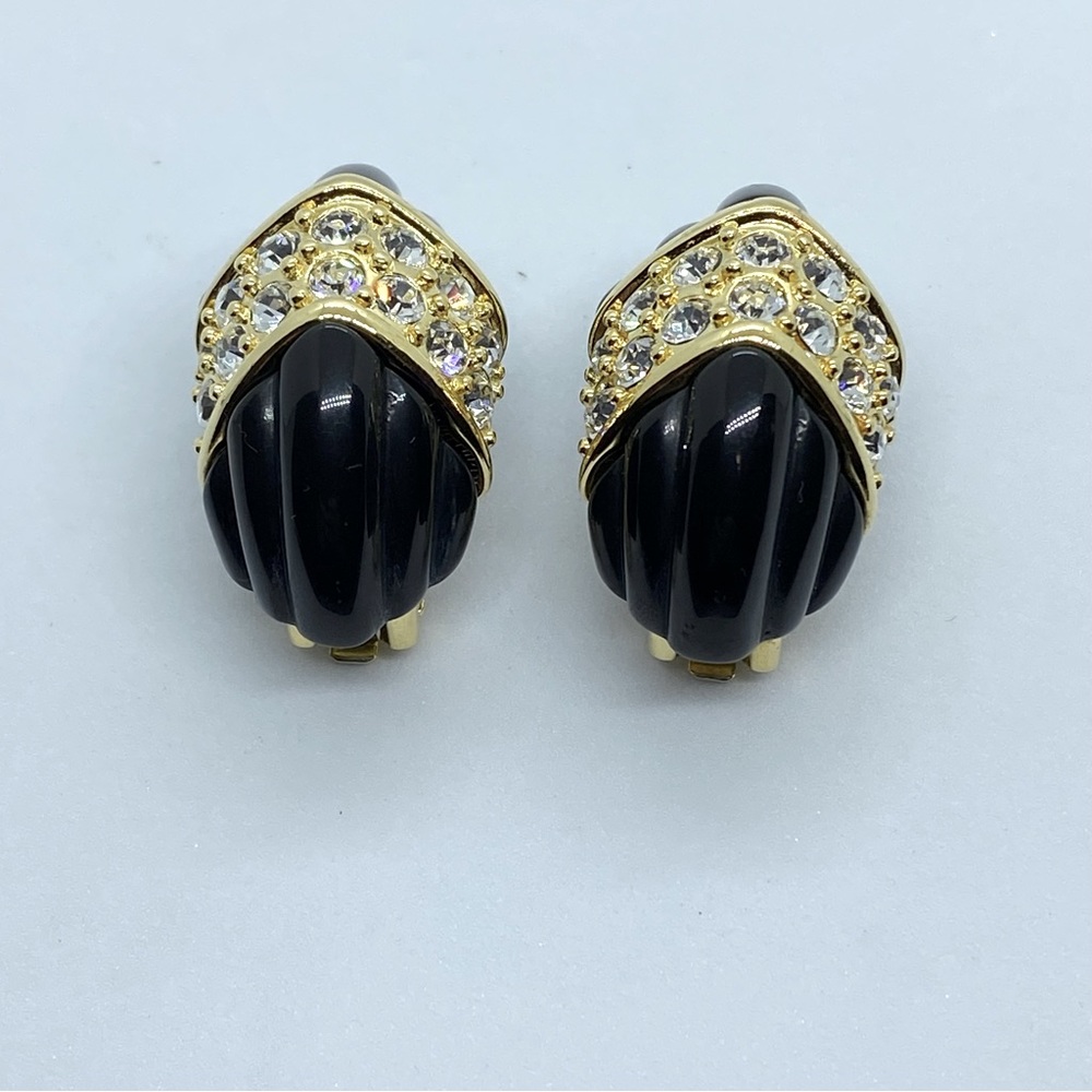 Vintage Rare KJL Black Carved Enamel Gold Tone with Pave Crystals Clip E…